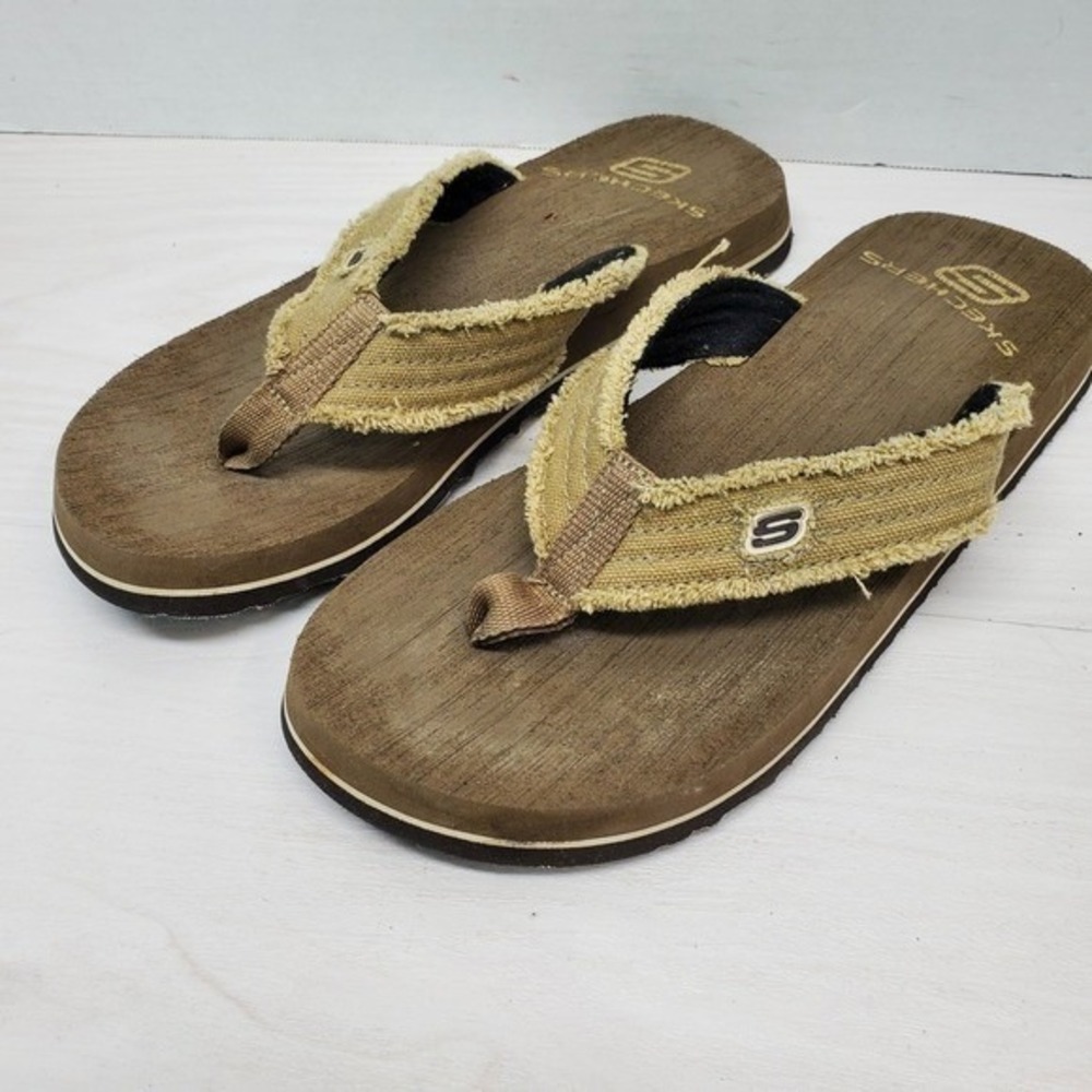 Skechers Men's Flip Flops Thong Sandals Brown‎ Tan Canvas Strap Comfort Size 7